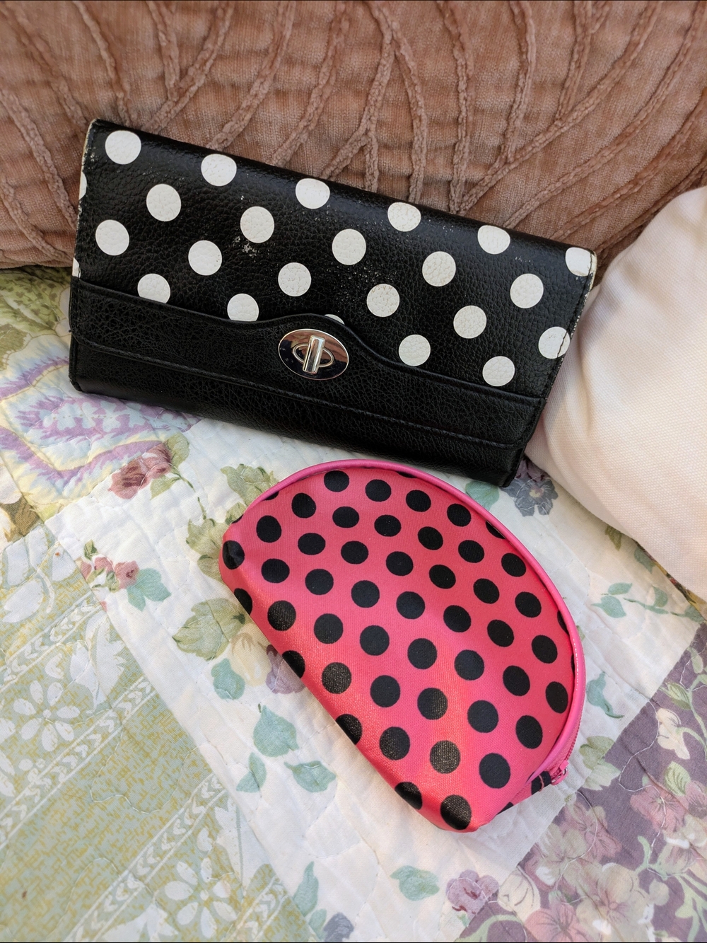 Polka Dot Black Wallet & Hot Pink Makeup/Coin Set